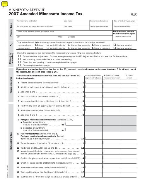 2008 M1x Amended Income Tax Return Minnesota Department Of