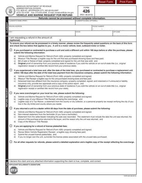 426 Vehicle And Marine Request For Refund Missouri Department