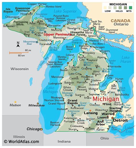 A Map Of Michigan Showing The Location Of Major Cities And Towns In