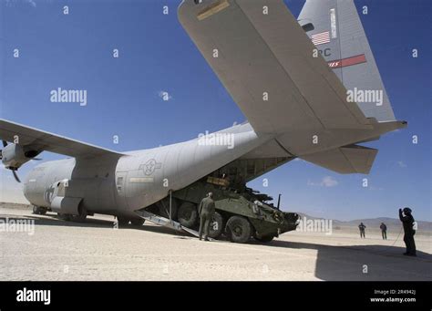 A Stryker Mortar Carrier Exits The Tail Of An Air Force C130 Hercules Aircraft After Landing At The Army National Training Center S Bicycle Lake Army Airfield Picryl Public Domain Media