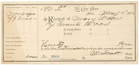 Albany Oregon Orig 1891 Linn County Tax Receipt For Mary Amp Frank Wood Albany Oregon Orig 1891 Linn County Tax Receipt For Mary Amp Frank Wood