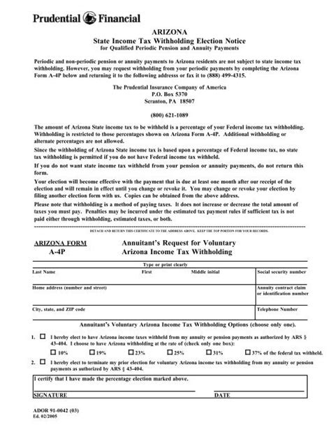 Arizona State Income Tax Withholding Election Notice Prudential