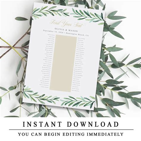 Banquet Seating Chart In Gold One Table Seating Plan Long Table Seating Greenery Wedding Seating Diy Printable Instant Download Etsy