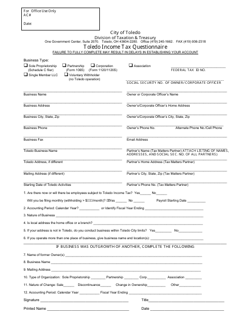City Of Toledo Ohio Toledo Income Tax Questionnaire Form Fill Out Sign Online And Download Pdf Templateroller