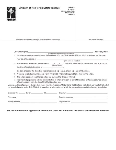 Florida Dr 312 Form Affidavit Of No Estate Tax Due Florida Dr 312 Form Affidavit Of No Estate Tax Due