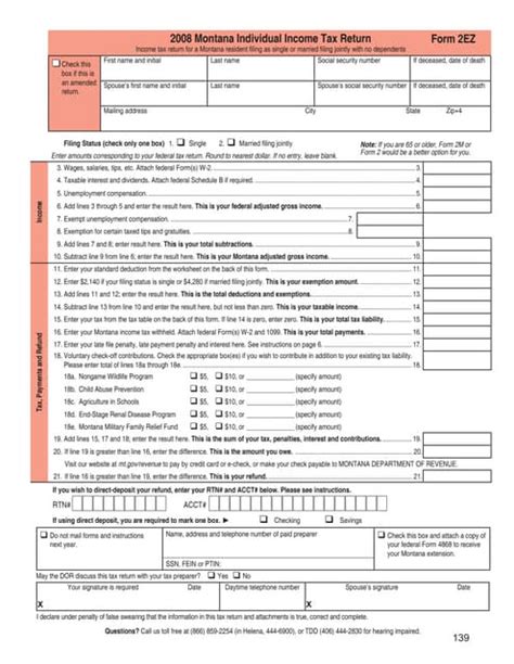 Form 2Ez Montana Individual Income Tax Return