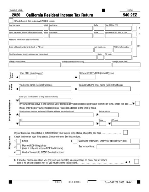 Form 540 2Ez Instructions California Franchise Tax Board