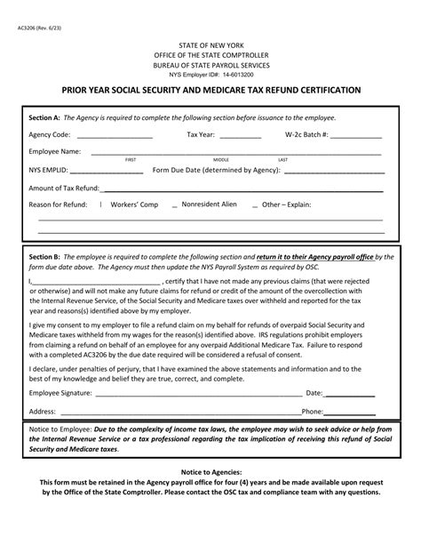 Form Ac3206 Download Fillable Pdf Or Fill Online Prior Year Social Security And Medicare Tax Refund Certification New York Templateroller