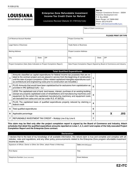 Form R 1039 Download Fillable Pdf Or Fill Online Enterprise Zone Refundable Investment Income Tax Credit Claim For Refund Louisiana Templateroller