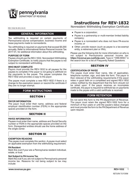 Form Rev 1832 Download Fillable Pdf Or Fill Online Nonresident Withholding Exemption Certificate Pennsylvania Templateroller
