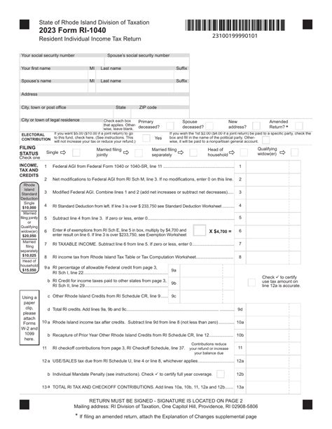 Form Ri 1040 Rhode Island Resident Individual Income Tax Return