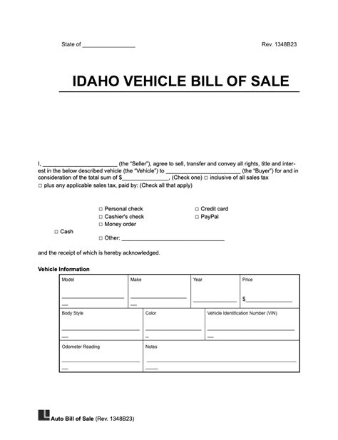 Free Idaho Motor Vehicle Bill Of Sale Form Pdf Word