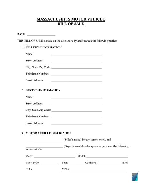Free Massachusetts Motor Vehicle Bill Of Sale Form Pdf Word