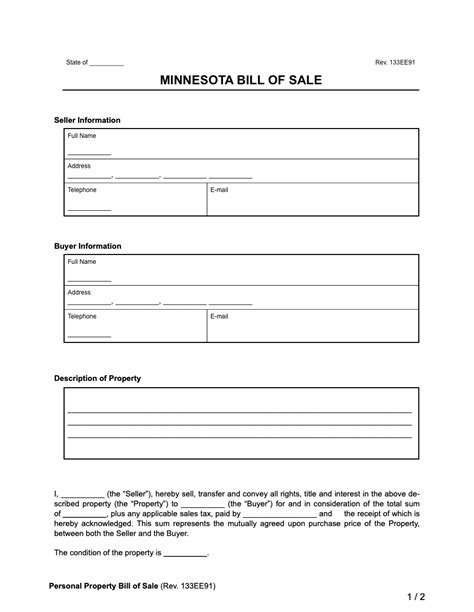 Free Minnesota Bill Of Sale Forms Printable Pdf Word