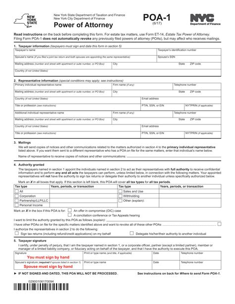 Free New York Tax Power Of Attorney Form Poa 1 Pdf Eforms