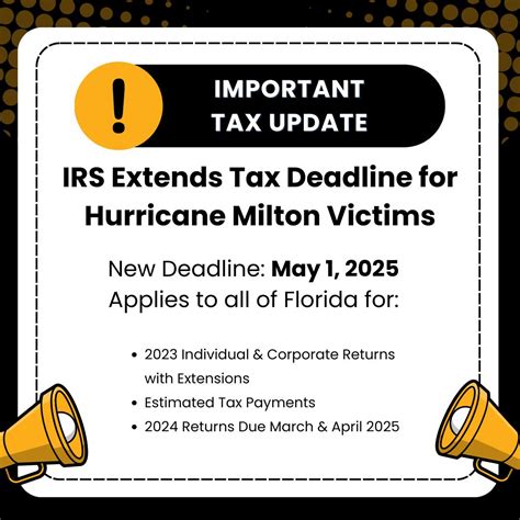 If You Or Your Clients Were Impacted By Hurricane Milton In Florida The Irs Has Extended The Tax Filing Deadline To May 1 2025 Link In Bio For More Info If You Or Your Clients Were Impacted By Hurricane Milton In Florida The Irs Has Extended The Tax Filing Deadline To May 1 2025 Link In Bio For More Info