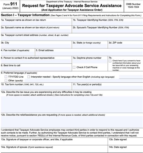 Irs Form 911 Instructions Taxpayer Advocate Service Assistance