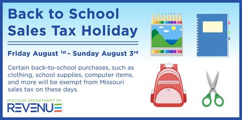 Missouri Department Of Revenue On X Don T Forget The Back To School Sales Tax Holiday Begins At 12 01 A M On Friday Aug 1 And Runs Through Midnight On Sunday Aug 3 During Missouri Department Of Revenue On X Don T Forget The Back To School Sales Tax Holiday Begins At 12 01 A M On Friday Aug 1 And Runs Through Midnight On Sunday Aug 3 During