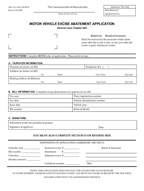 Motor Vehicle Excise Tax Abatement Applications Massachusetts