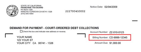 My Court Ordered Debt Account Billing Number Help File California Franchise Tax Board