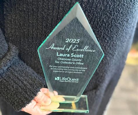 Okaloosa County Tax Collector Congratulations To Laura For Receiving The Prestigious 2025 Award Of Excellence From Lifequest Organ Recovery Services Through Her Instagram