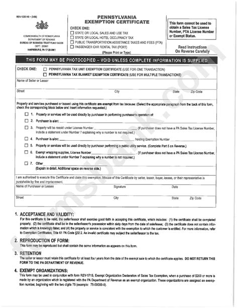 Pa Tax Exempt Form