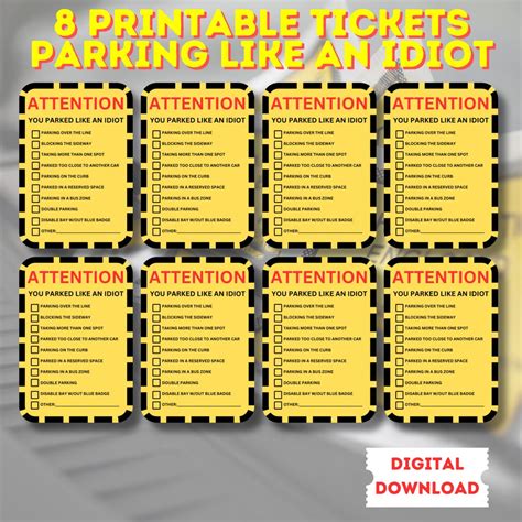 Printable Funny Parking Tickets You Parked Like An Idiot Joke Parking Violation Notices For Pranks And Gags Instant Download Pdf Etsy