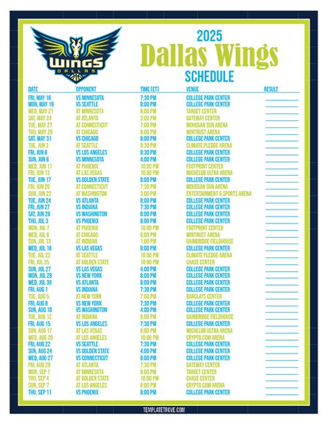 Printable2023 Dallas Wings Basketball Schedule
