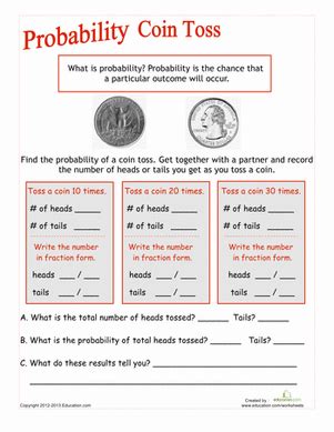 Probability Coin Toss Worksheet Probability Coin Toss Worksheet