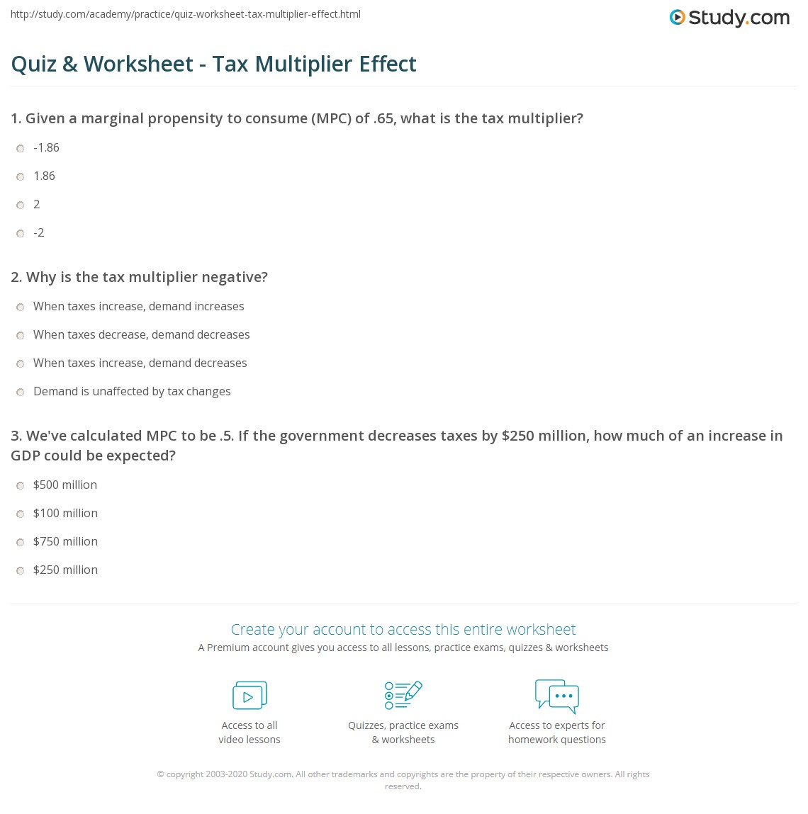 Quiz Worksheet Tax Multiplier Effect Study Com