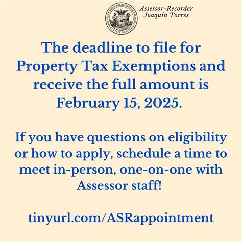Reminder The Deadline To File For Property Tax Exemptions And Receive The Full Amount Is February 15 2025 Have Questions About Eligibility Or The Application Process We Re Here To Help Reminder The Deadline To File For Property Tax Exemptions And Receive The Full Amount Is February 15 2025 Have Questions About Eligibility Or The Application Process We Re Here To Help