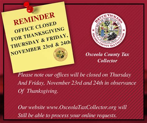 Service Alert Please Note That All Osceola County Tax Collector Locations Will Be Closed On Monday November 11Th In Observance Of Veterans Day Our Online Services Will Be Accessible At Service Alert Please Note That All Osceola County Tax Collector Locations Will Be Closed On Monday November 11Th In Observance Of Veterans Day Our Online Services Will Be Accessible At