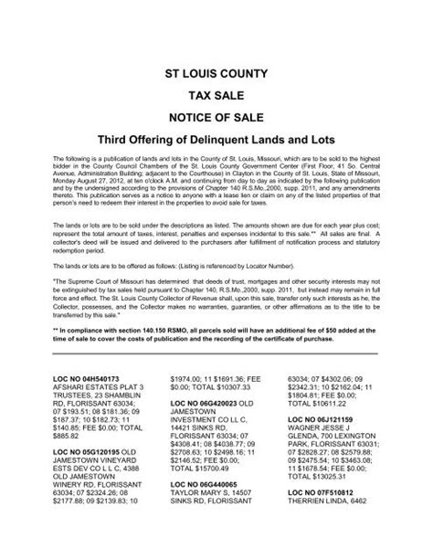 St Louis County Tax Sale Notice Of Sale Third Offering Of
