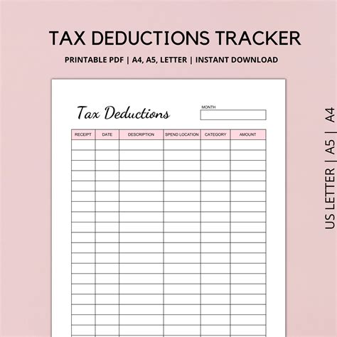 Tax Deduction Tracker Printable Business Tax Log Expenses Tracker Purchase Records Financial Planner Pdf Instant Download Etsy