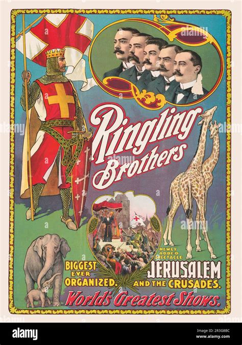 Vintage Ringling Brothers Circus Poster Showing A Crusader Giraffes Elephants Historical