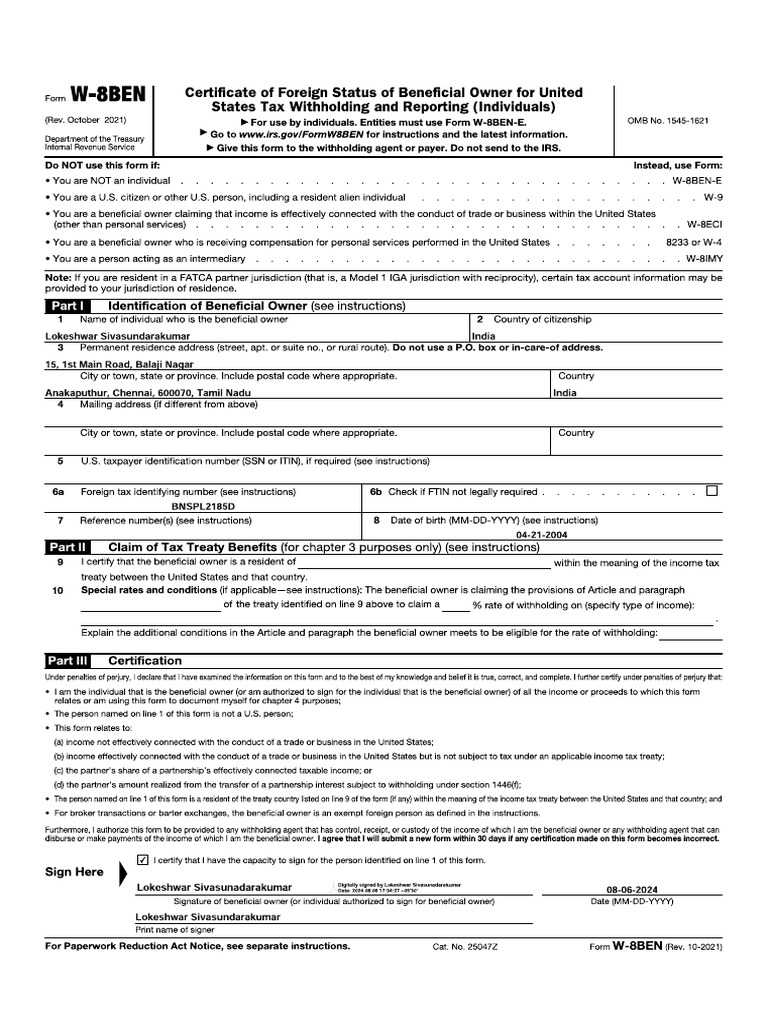 W8ben Tax Form