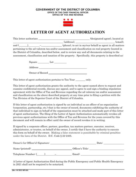 Washington D C Letter Of Agent Authorization Fill Out Sign Online And Download Pdf Templateroller