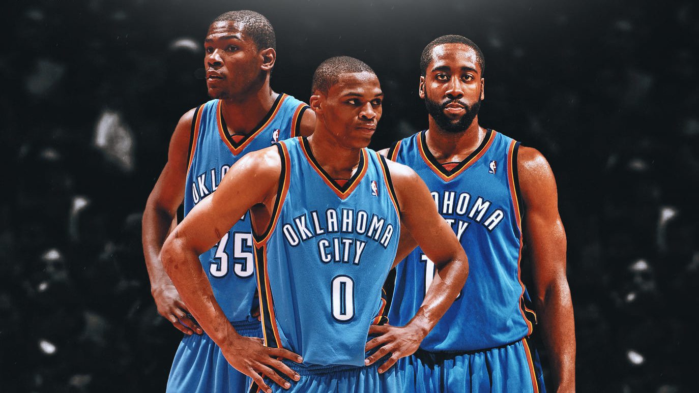 What If The Okc Big 3 Never Broke Up Kevin Durant Russell Westbrook James Harden Three Mvps On The Same Team The Thunder Had The Rarest Core In Nba History All Under