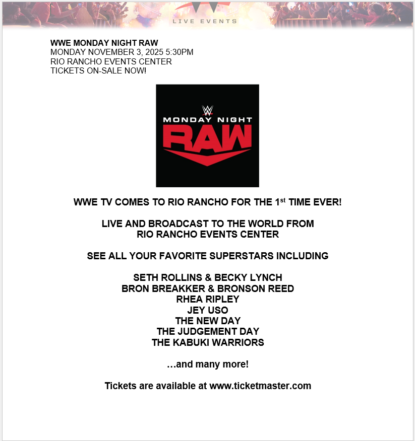 Wwe Monday Night Raw Rio Rancho Events Center