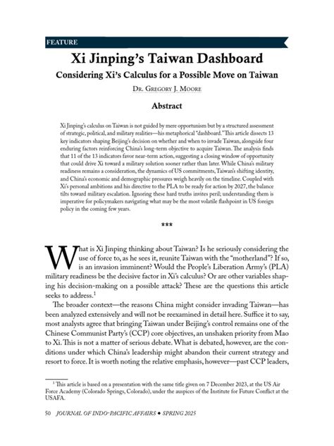 Xi Jinping S Taiwan Dashboard Considering Xi S Calculus For A Possible Move On Taiwan Air University Au Journal Of Indo Pacific Affairs Article Display