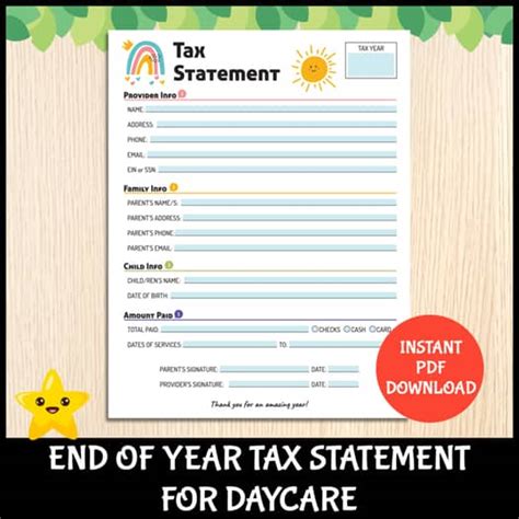 Year End Tax Statement Receipt Form For Daycare Child Care Preschool
